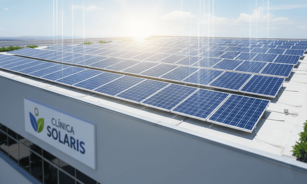 Painel solar no telhado de clínica solaris, energia limpa e sustentável, energia solar para saúde e bem-estar, energia renovável para clínicas e negócios, relevância alta para energia solar e sustentabilidade.
